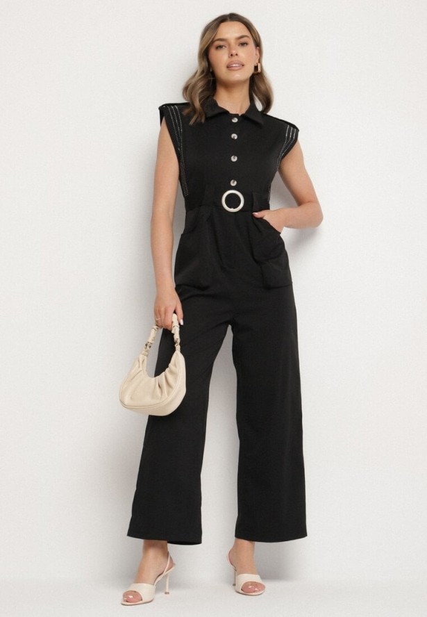 Czarny Taliowany Kombinezon z Guzikami i Cyrkoniami Lumalise