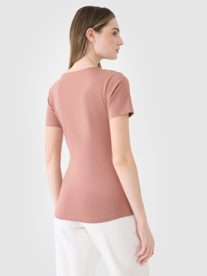 4F T-shirt slim gładki damski - brązowy XS