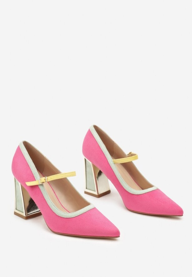 Fuksjowe Czółenka na Słupku z Metaliczną Wstawką i Paskiem Linnelea