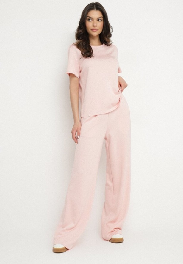 Różowe Szerokie Spodnie z Wiskozą Zdobione Cyrkoniami Zeonaria