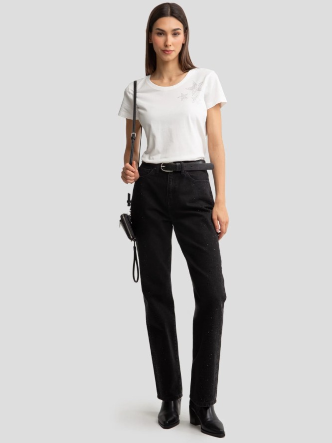 Jeansy damskie z prostą nogawką z cyrkoniami czarne Jade 925