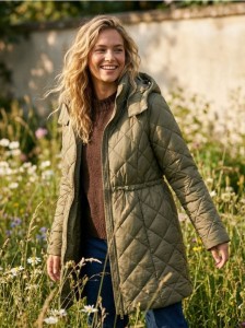 Pikowany płaszcz z kapturem - zielony