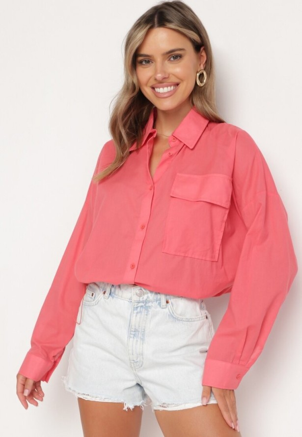 Ciemnoróżowa Bawełniana Koszula z Dłuższym Tyłem z Ozdobną Kieszonką i Gumką Ralena