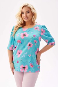Bluzka Spring z krótkim rękawem i lekką bufką w odcieniach turkusowego błękitu w różowe kwiaty PLUS SIZE XXL