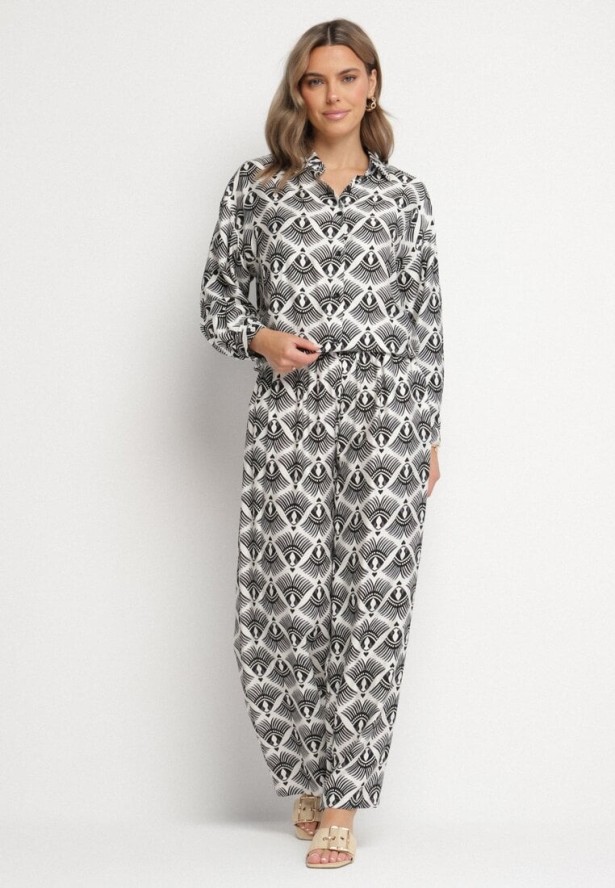 Czarny Komplet z Wiskozą w Etniczny Wzór Szerokie Spodnie i Koszula Elezaria