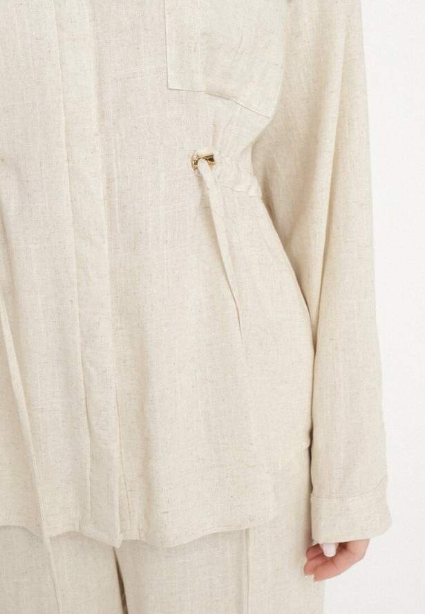 Beżowy Komplet z Wiskozą Koszula Ściągana w Talii i Szerokie Spodnie Divellara