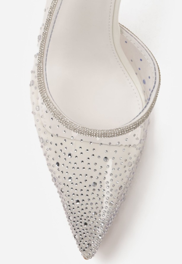 Białe Szpilki Slingback z Transparentną Cholewką i Cyrkoniami Liaceran