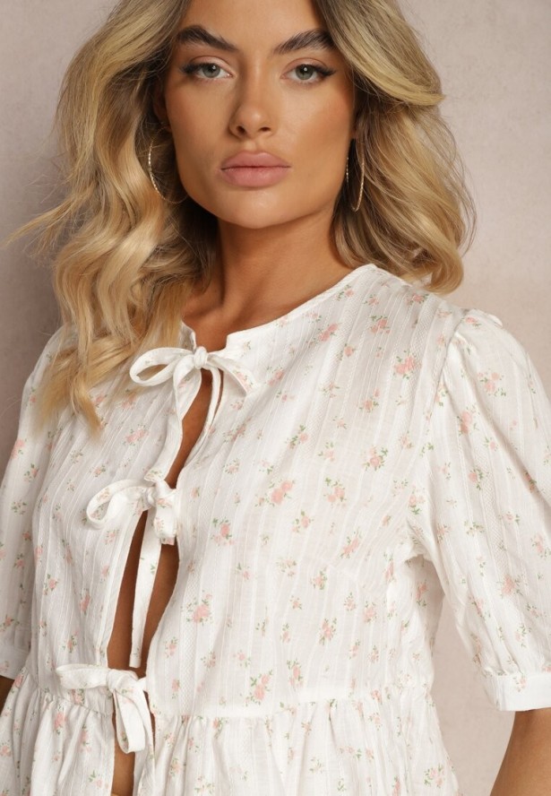 Beżowa Bluzka z Bawełny z Krótkim Rękawem i Ozdobnymi Wiązaniami z Przodu Rinsara