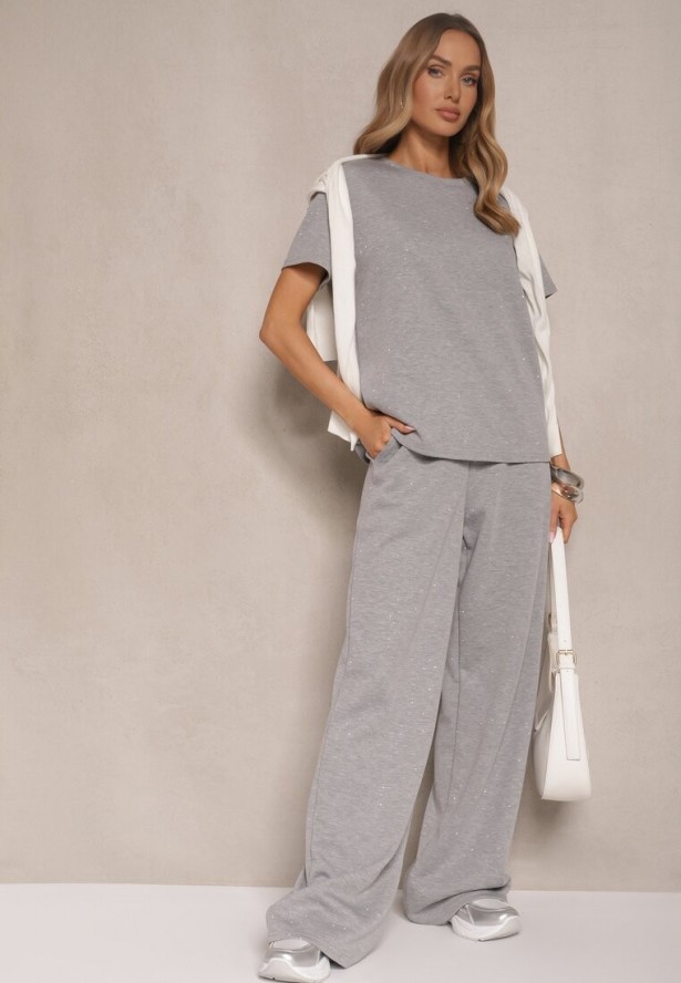 Szare Spodnie z Wiskozą o Szerokim Kroju z Cyrkoniami Zeleria