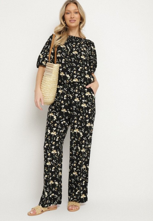Czarne Spodnie z Wysokim Stanem w Kwiaty Borsedi