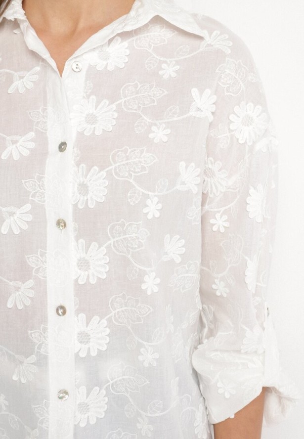 Biała Koszula Oversize z Bawełny Zdobiona Kwiatowym Haftem Reinoviel