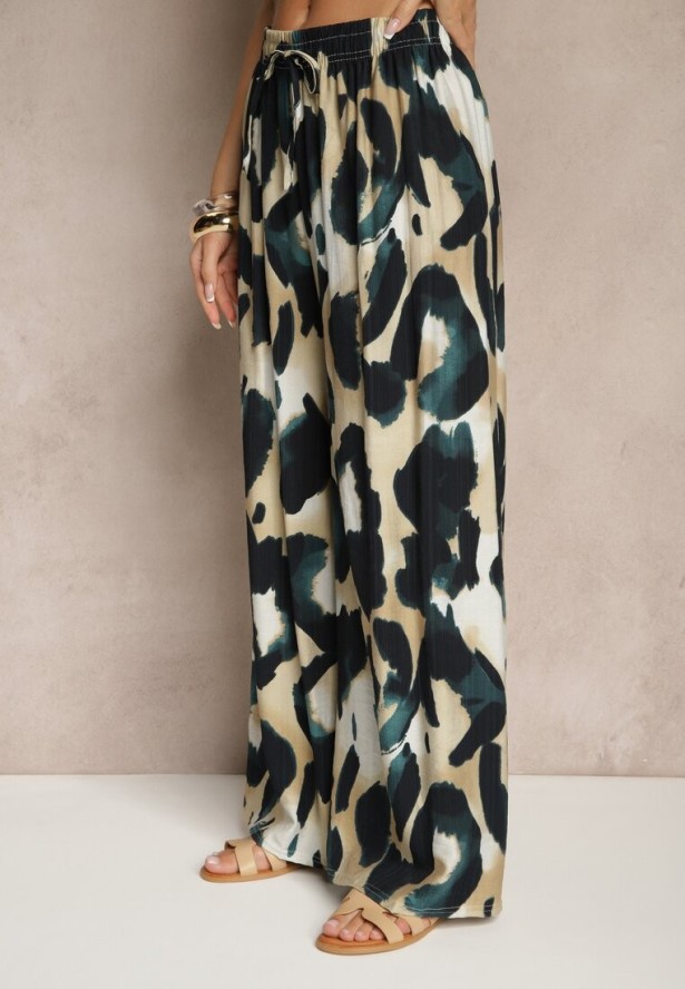 Zielone Szerokie Spodnie High Waist z Wiskozą w Panterkowy Wzór Zeviera