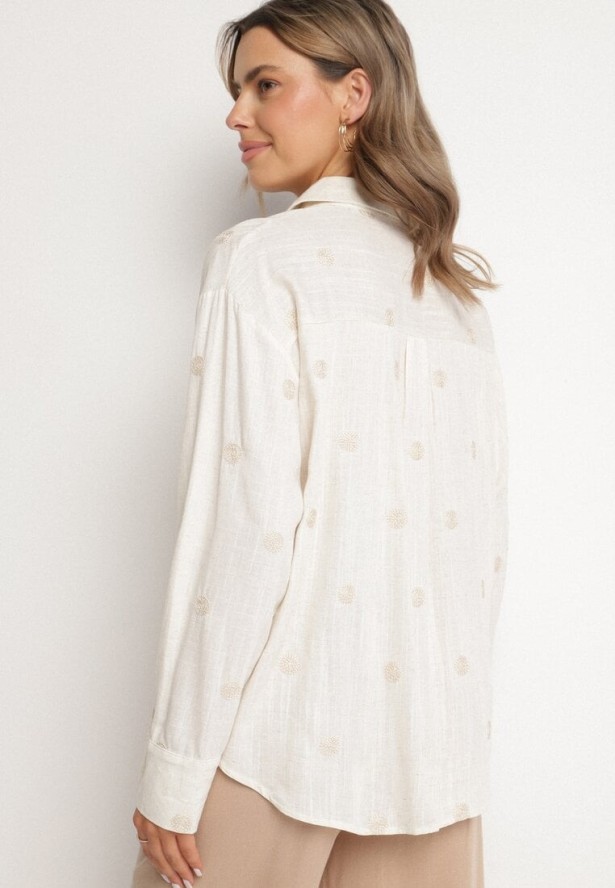 Beżowa Koszula z Wiskozą i Lnem Ozdobiona Haftem Lisarena