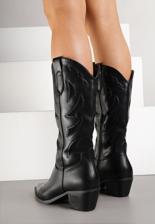 Czarne Kozaki Kowbojki na Obcasie z Tłoczoną Cholewką Latuella