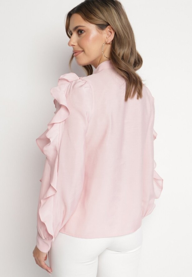 Różowa Koszula o Luźnym Kroju z Falbanami i Wiązaniem Ravionel