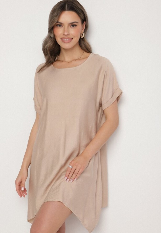 Beżowa Pudełkowa Sukienka z Asymetrycznym Dołem Iffusa