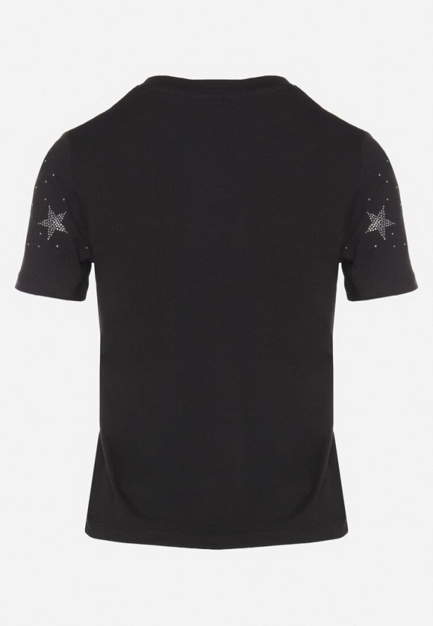 Czarny Bawełniany T-shirt z Cyrkoniowymi Aplikacjami w Gwiazdki Tenivella