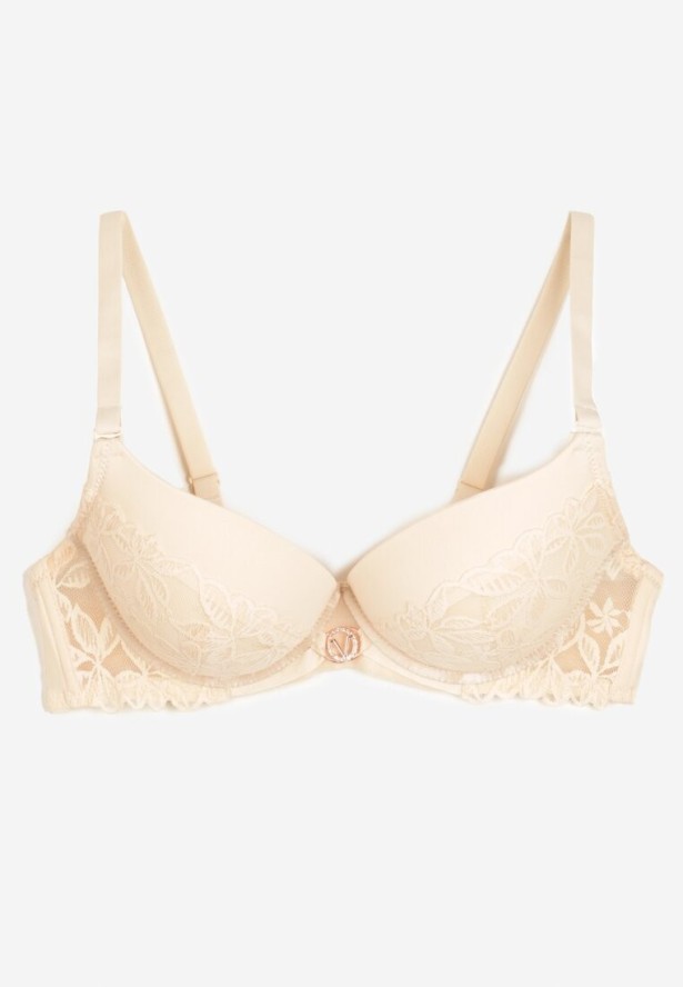 Beżowy Biustonosz Miseczka C z Koronkową Wstawką Mailenne