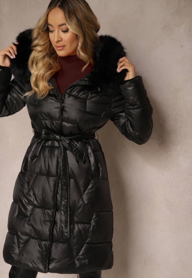 Czarna Długa Kurtka Pikowana z Odpinanym Kołnierzem i Paskiem Rinarella