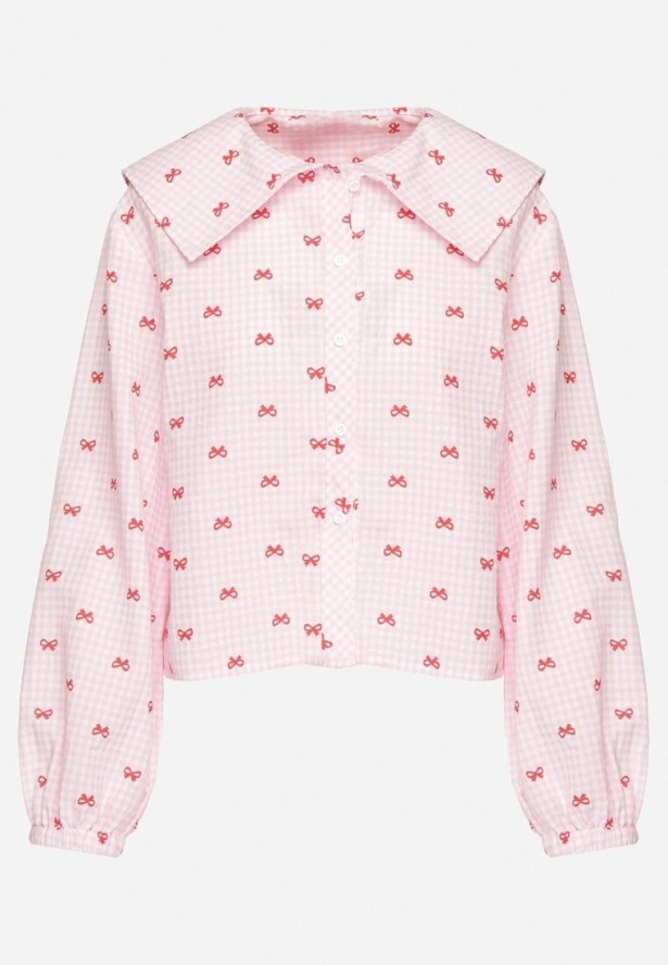 Różowa Koszula z Szerokim Kołnierzykiem z Bawełny i Wiskoz w Kratkę Lavzemis