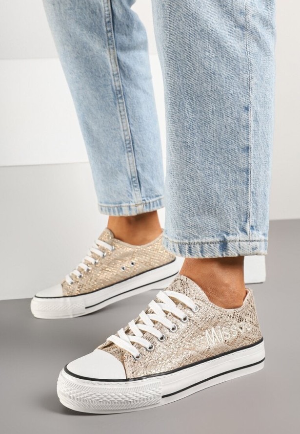 Złote Wężowe Trampki pod Kostkę Ozdobione Napisem i Brokatem Terlevia