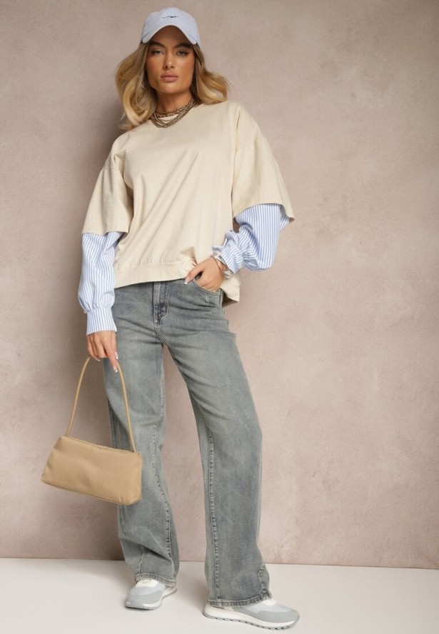 Beżowa Bawełniana Bluzka Ozdobiona Koszulowymi Rękawami w Paski Milseli