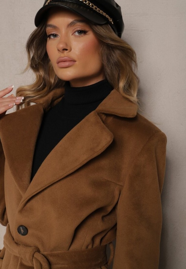 Brązowy Długi Płaszcz Jednorzędowy z Paskiem w Talii Zeneti