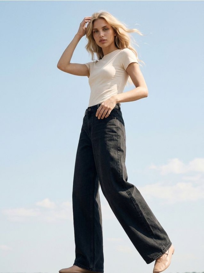 Jeansy wide leg z efektem sprania - czarny