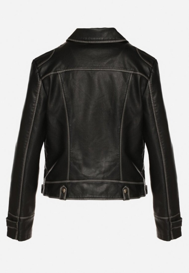 Czarna Kurtka Ramoneska z Nitami i Ozdobnymi Przeszyciami Adivila