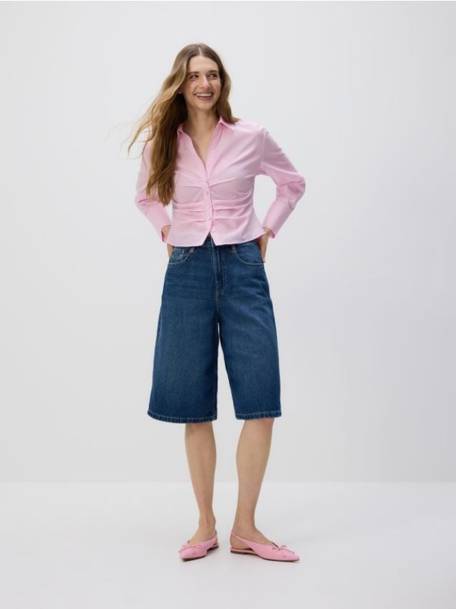 Bawełniana koszula z drapowaniem - różowy