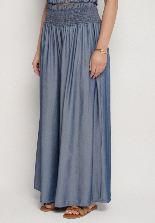 Niebieski Komplet z Wiskozy Bluzka Hiszpanka i Szerokie Spodnie Efrale