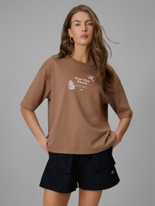 4F T-shirt regular z nadrukiem damski - beżowy M