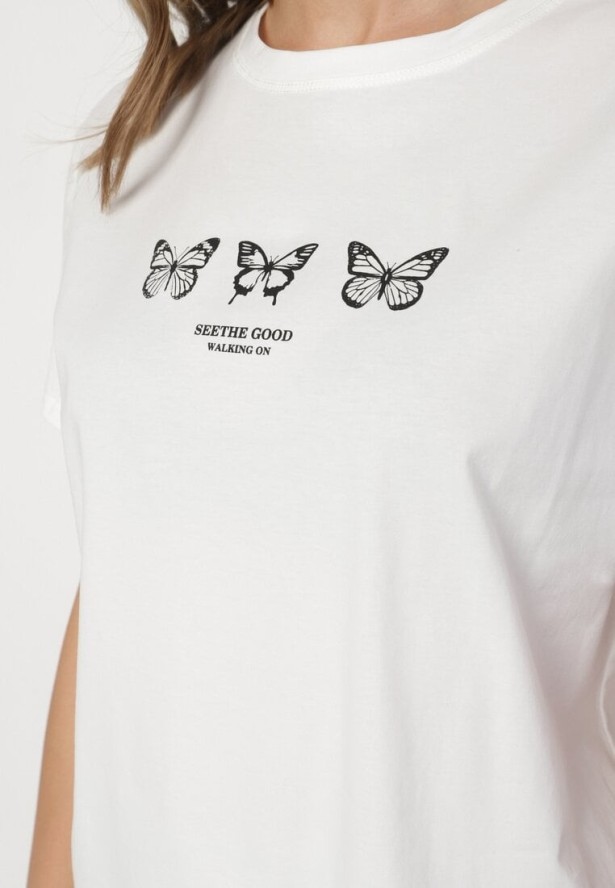 Biała Bluzka Bawełniana Oversize z Krótkim Rękawem i Aplikacją z Motylami Lornil