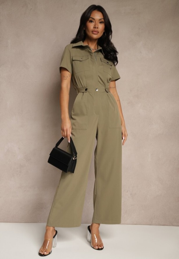 Ciemnozielony Kombinezon Wide Leg z Kołnierzykiem Suwakiem i Krótkim Rękawem Jenaralitia