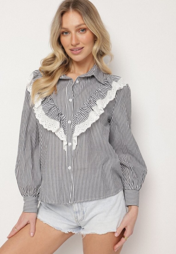 Czarna Bawełniana Koszula w Paski z Ozdobnym Dekoltem z Falbanką Paleriella