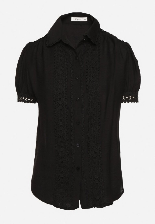 Czarna Koszula z Wiskozy Ozdobiona Koronką Tezinea