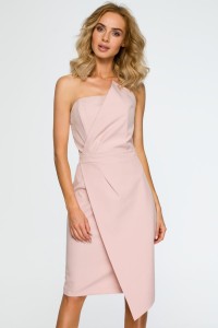 Sukienka na wesele ołówkowa z gorsetem asymetryczna pudrowy róż