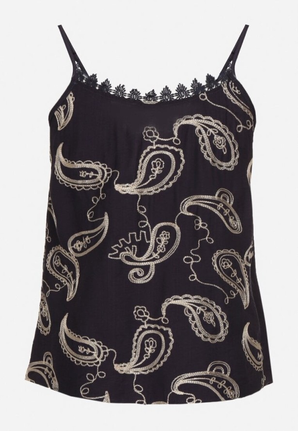 Granatowy Top na Cienkich Ramiączkach z Haftem i Metaliczną Nicią Palinoria