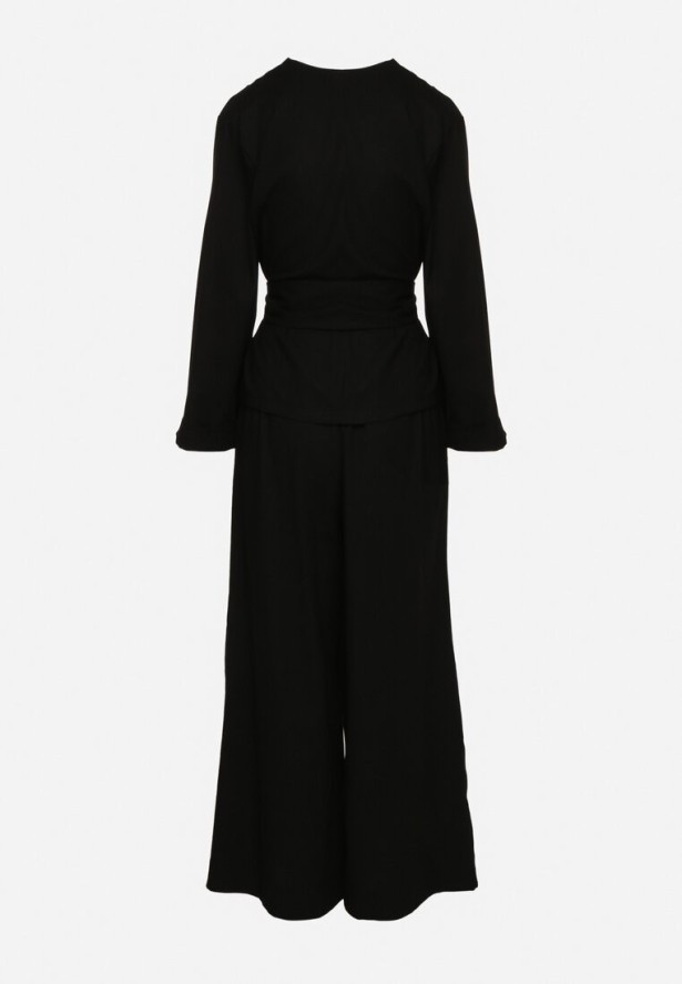 Czarny Komplet z Lnem Kopertowa Bluzka i Spodnie Koririssa