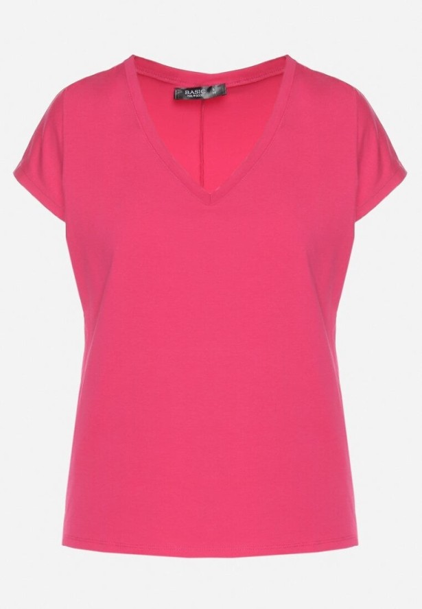 Fuksjowy Bawełniany T-shirt z Trójkątnym Dekoltem Linarosea