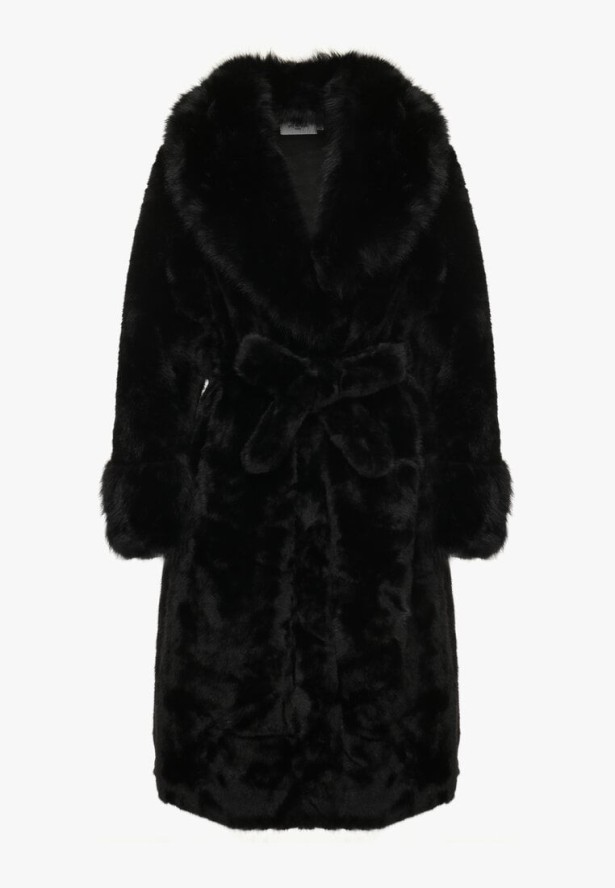 Czarny Futerkowy Płaszcz z Szerokim Kołnierzem i Mankietami z Wiązanym Paskiem Viaruna