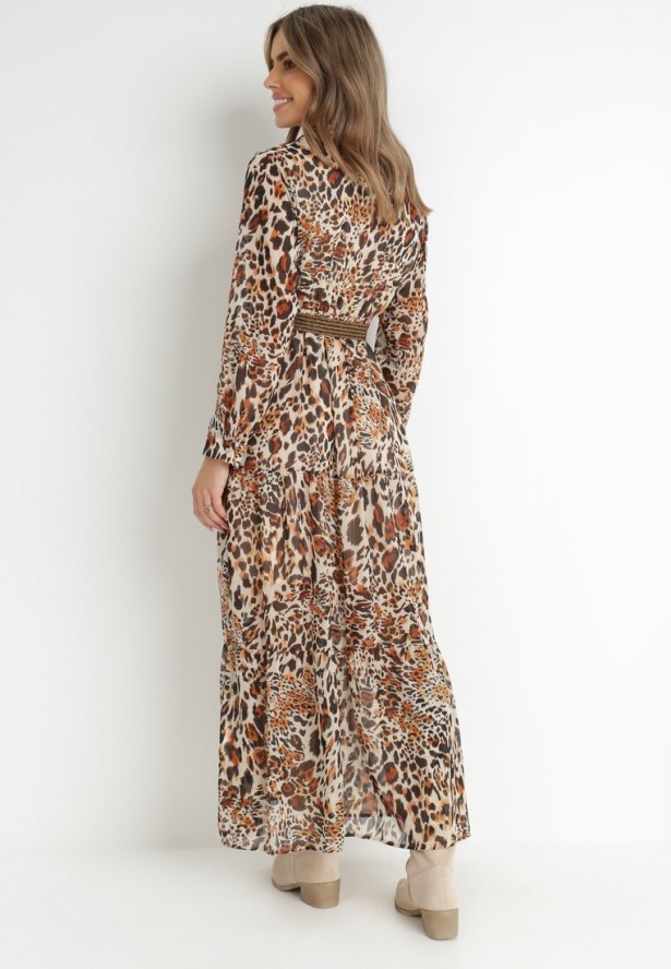 Brązowo-Beżowa Sukienka Z Paskiem Phaenala