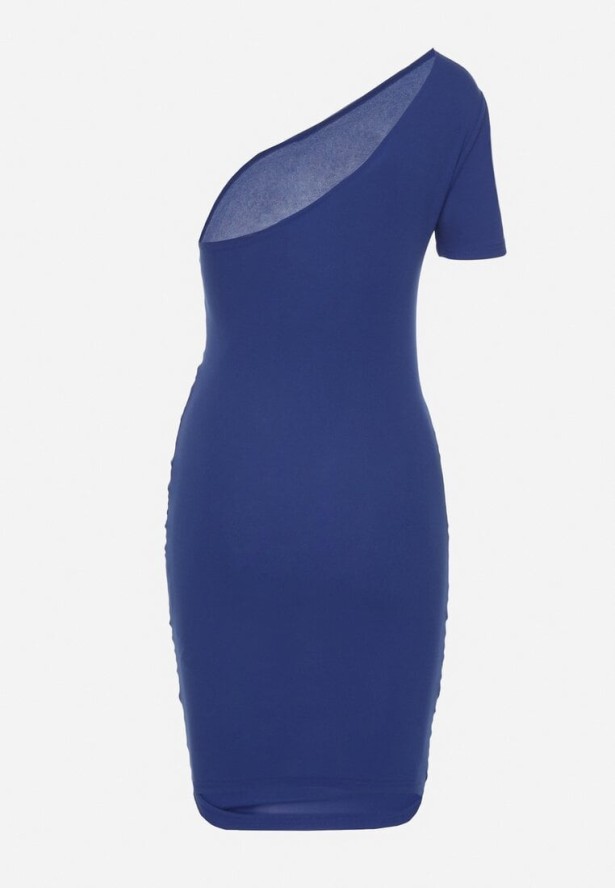 Niebieska Dopasowana Sukienka na Jedno Ramię Erllemia