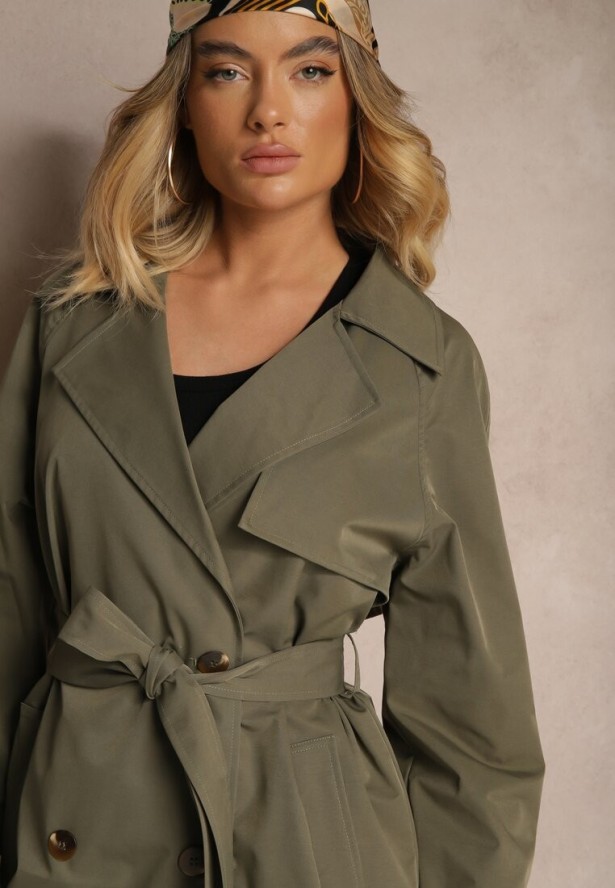Zielony Dwurzędowy Płaszcz Trencz z Paskiem Ninnolia