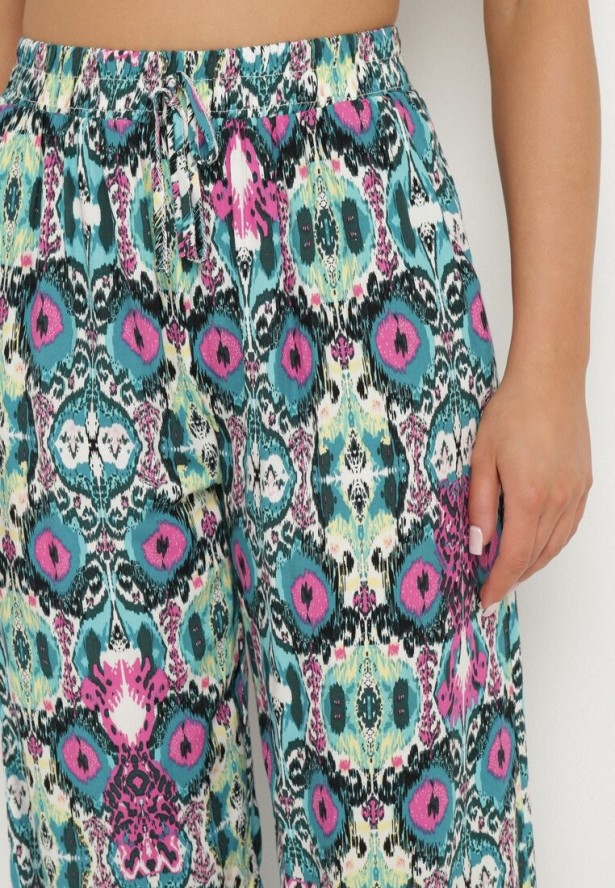 Zielono-Różowe Spodnie Szerokie z Bawełny w Etno Print Tolivenna