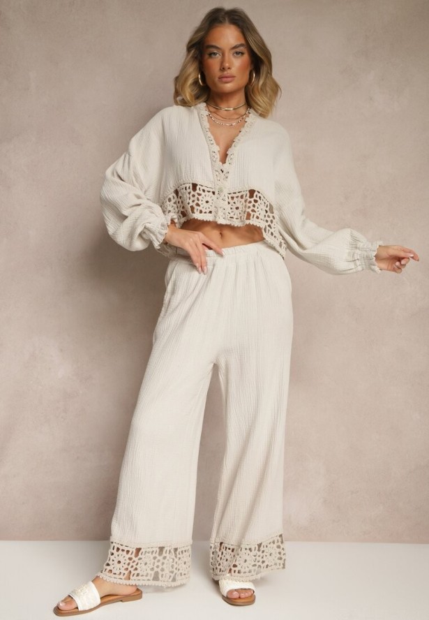 Beżowy Komplet z Bawełny z Ażurowymi Wstawkami Bluzka i Spodnie Paladorea