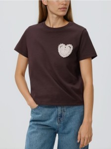 T-shirt z haftowaną aplikacją - ciemnobrązowy
