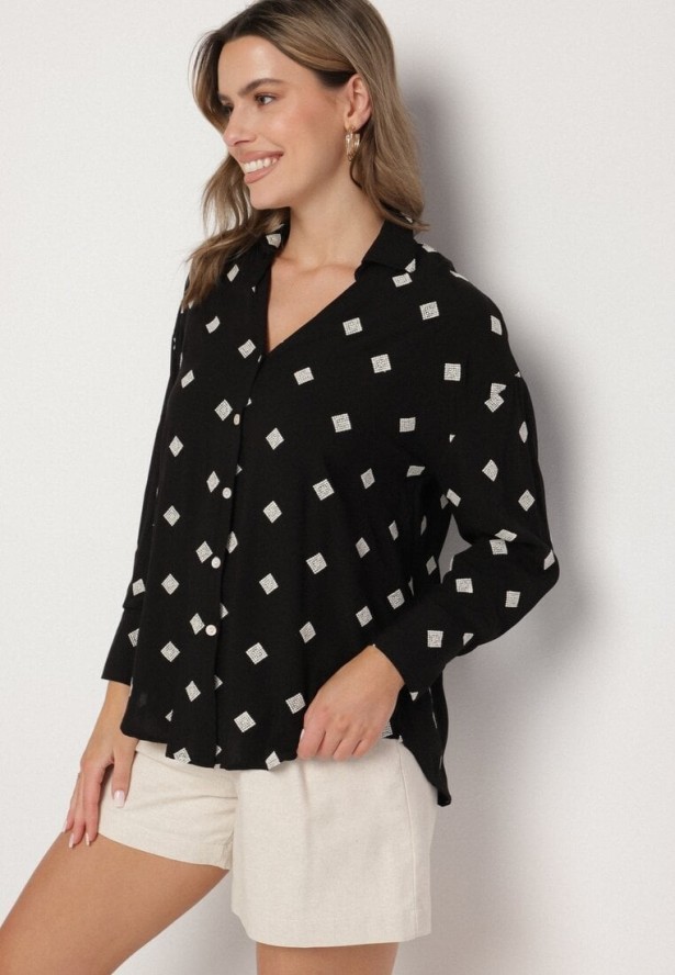 Czarna Koszula z Wiskozy z Lnu Zdobiona Geometrycznym Haftem Fadea