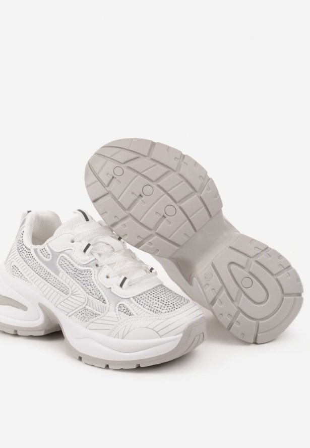 Białe Sneakersy Streetwearowe na Grubej Podeszwie Zdobione Brokatem Felanwea