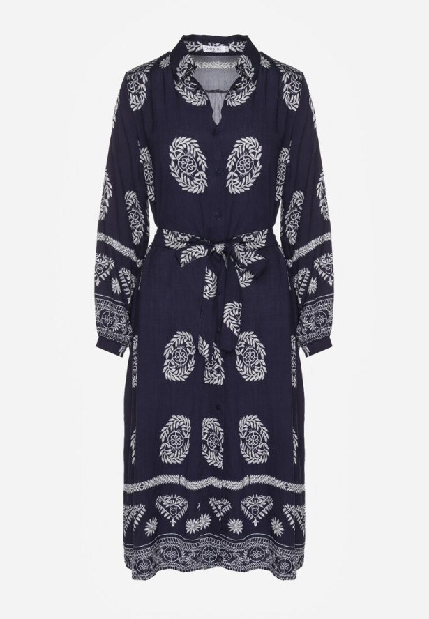 Granatowa Sukienka Koszulowa Wiązana w Pasie w Stylu Boho Rorisha